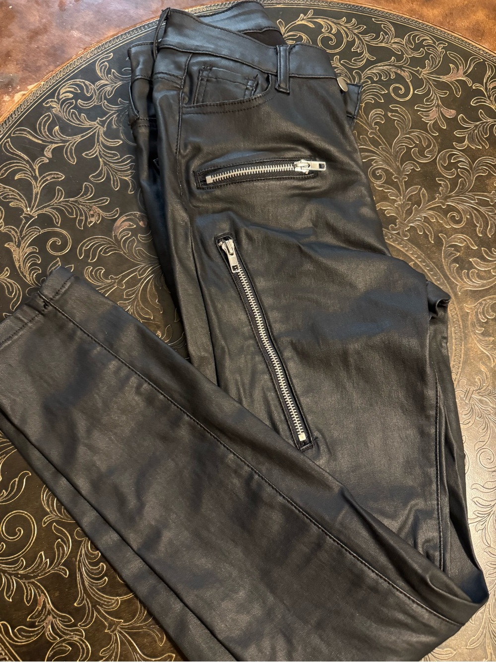 Men's Black Faux Leather Moto Pants with Zip Details